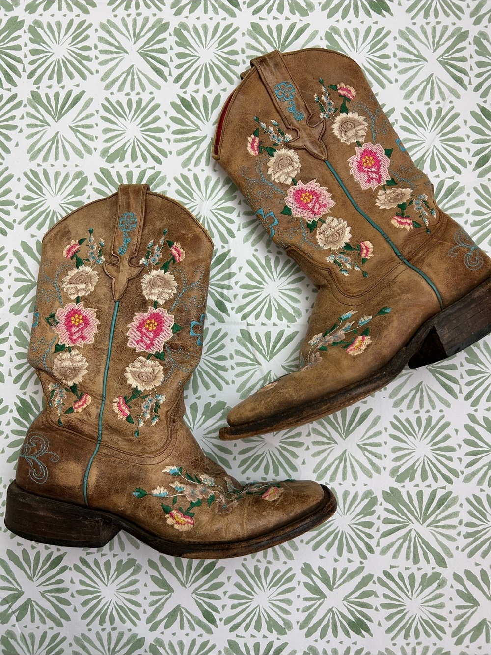 Macie Bean Tan Lace-Up Western Boots with Pink & Teal Floral Embroidery